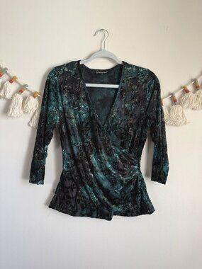 VTG SnoSkins Made In The USA Burnout Velvet Faux Wrap Top Green Goblincore Y2k M